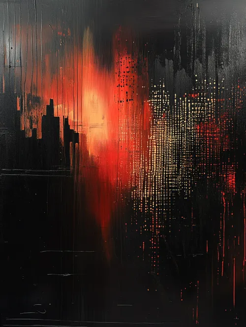 Pintura abstracta con efectos de luz y sombra en tonos rojos y negros