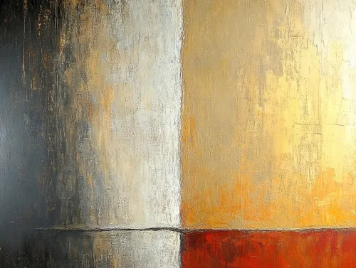 Primer plano de un cuadro abstracto con elementos en negro, blanco y dorado