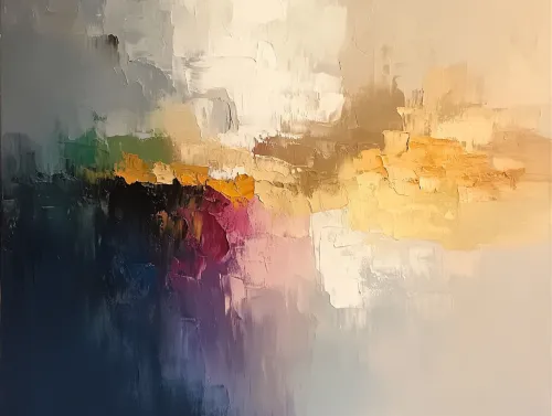 Cuadro con colores vibrantes y texturas superpuestas en estilo abstracto