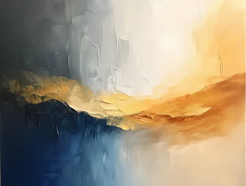 Pintura abstracta con tonos azules, dorados y marrones que representan la naturaleza