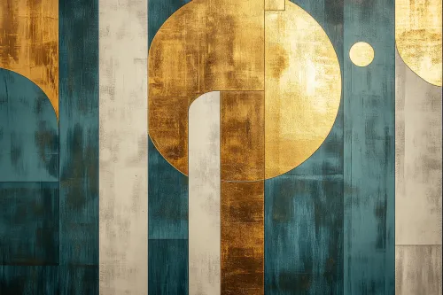 Composición abstracta con círculos y rectángulos en azul y dorado.