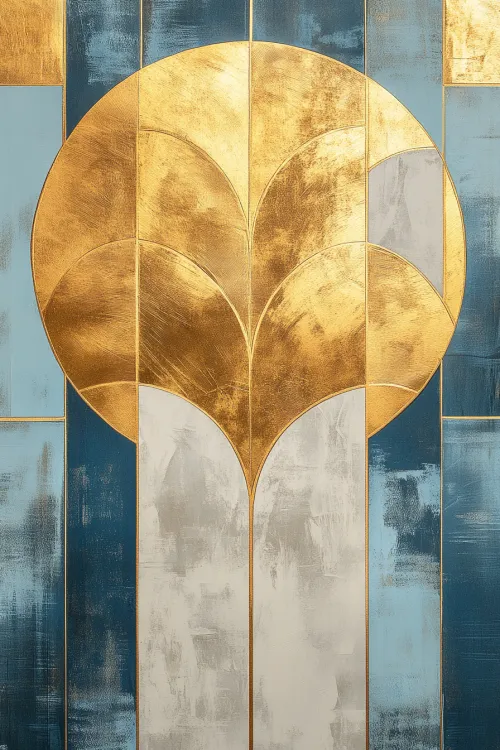 Obra abstracta con formas redondas y elementos dorados brillantes