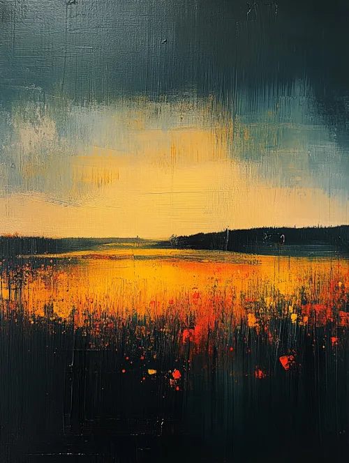 Hermosa pintura de un campo bañado en luz dorada contra un fondo de cielo oscuro