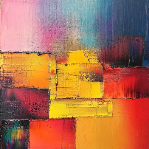 Pintura con cuadrados brillantes en colores amarillo, rojo y azul