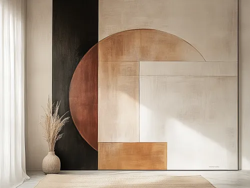 Cuadro abstracto con formas geométricas y tonos neutros en el interior