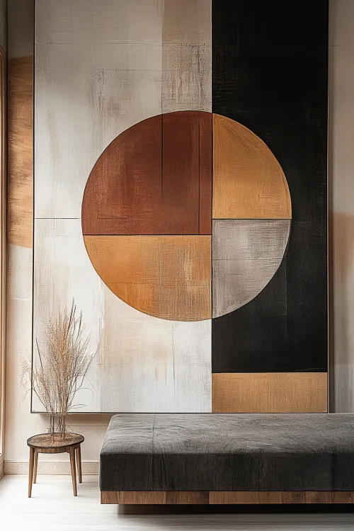 Primer plano de una pintura abstracta con círculos y rectángulos en el interior