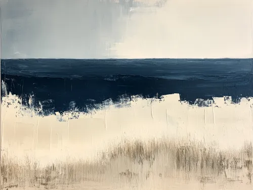 A serene abstract painting of ocean waves meeting a sandy shore