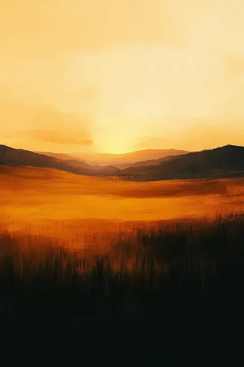 Paisaje con montañas y un campo bajo un atardecer dorado