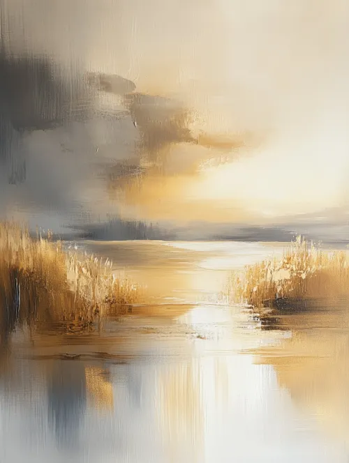 Cuadro con un paisaje de fondo al atardecer con colores dorados y grises