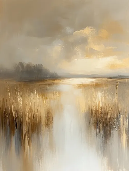 Pintura con tonos dorados y beige que representa un lago con cañas