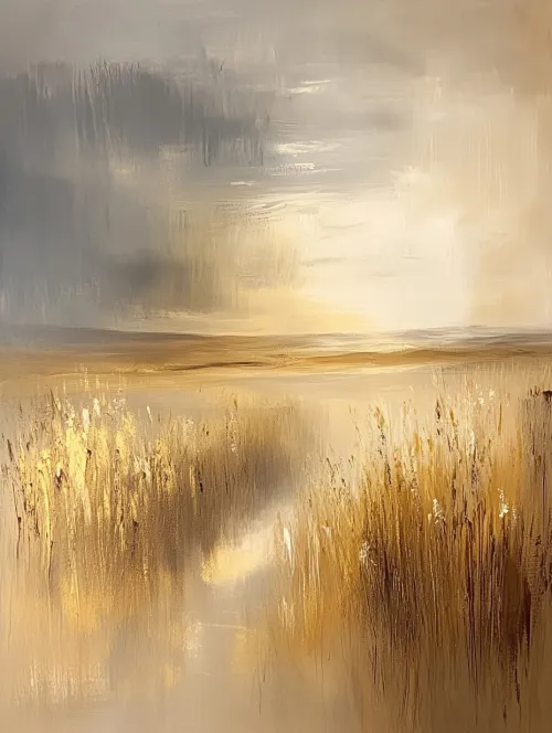 Paisaje abstracto con hierbas doradas y nubes grises de fondo