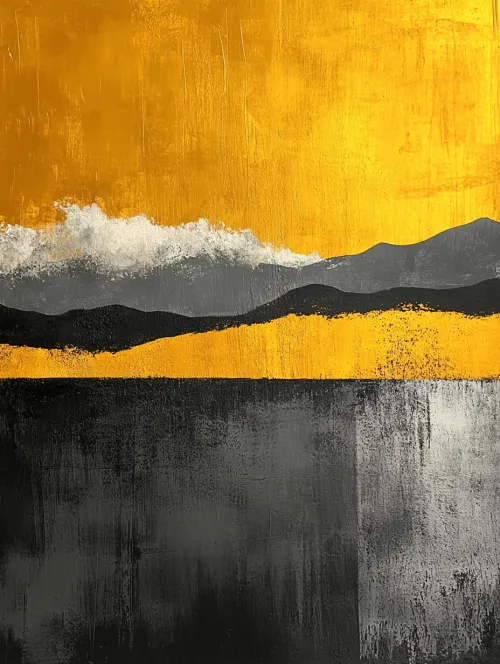 An abstract landscape featuring a golden sky, dark mountains, and textured surfaces.