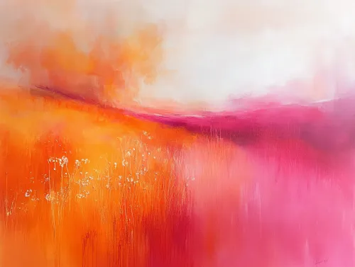 Pintura abstracta con predominancia de tonos naranjas y rosas