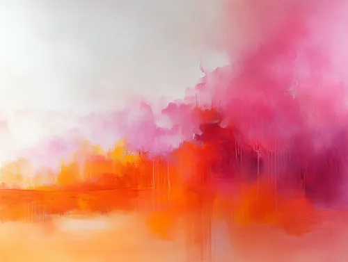 Paisaje abstracto lleno de tonos rojos, naranjas y rosados