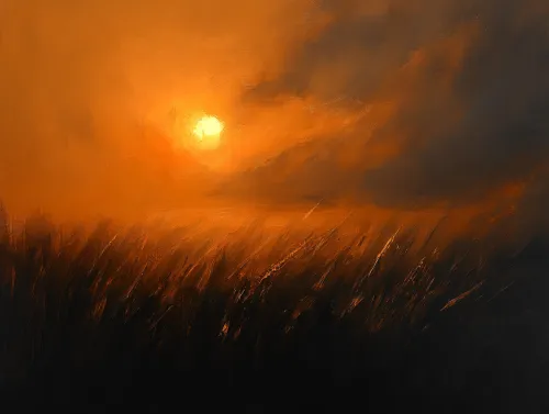 Cielo al atardecer iluminando las siluetas oscuras de la hierba en primer plano