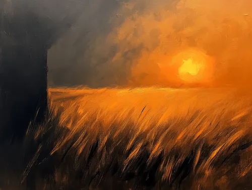 Suave luz del atardecer sobre un campo dorado bajo un cielo nublado