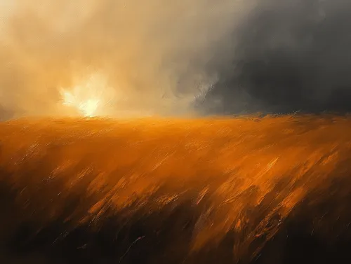 Atardecer iluminando un campo dorado bajo un cielo oscuro