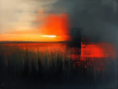 A striking abstract painting depicting a vibrant sunset with dark foreground