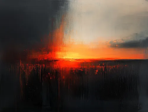 Cuadro abstracto de un atardecer con brillantes tonos naranjas y oscuros matices negros