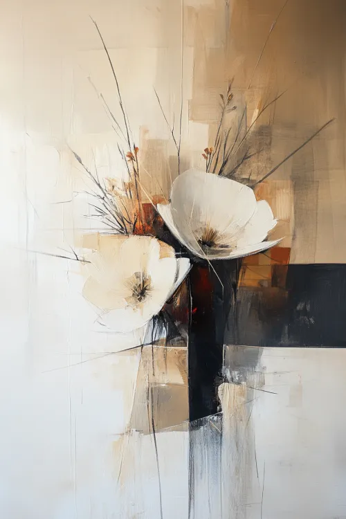Composición abstracta con flores blancas y tonos neutros