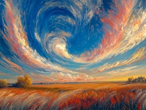 Imagen de una nube en espiral contra el atardecer sobre los campos