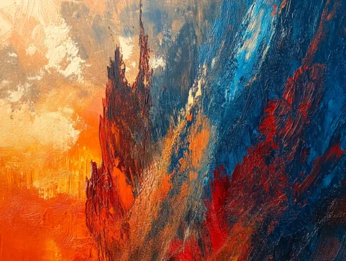 Cuadro abstracto que muestra una vívida fusión de tonos cálidos y fríos.