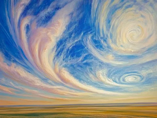 Cielo vespertino brillante con nubes torcidas y matices de azul