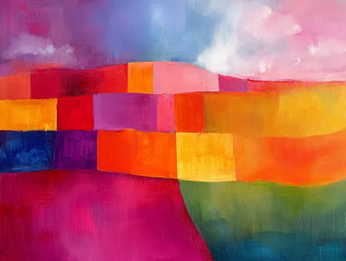 Brillante lienzo abstracto con cuadrados coloridos y formas fluidas