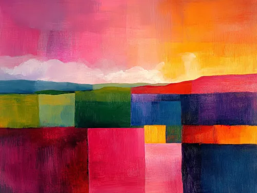 Cuadro de un paisaje abstracto compuesto de cuadrados de colores y tonos brillantes