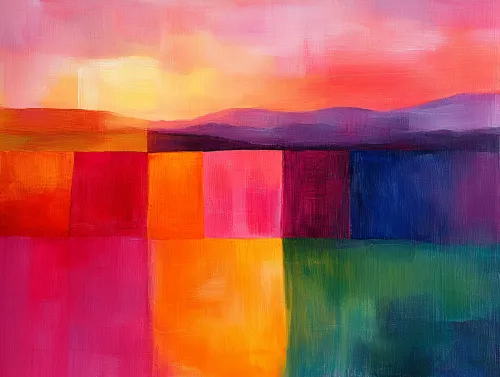 Imagen artística abstracta de un atardecer con colores brillantes y formas geométricas