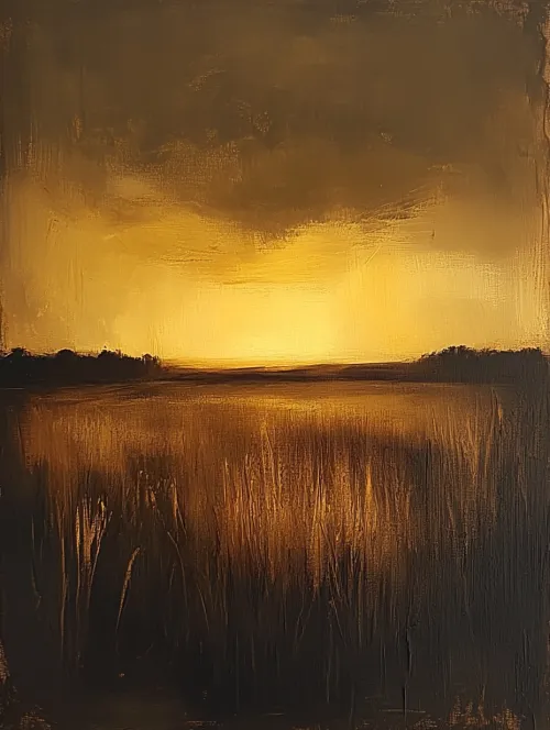 Cuadro con tonos dorados y negros que representa el amanecer sobre el campo