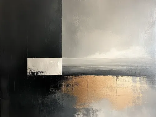 Abstract artwork in gray-black and gold hues with geometric shapes
