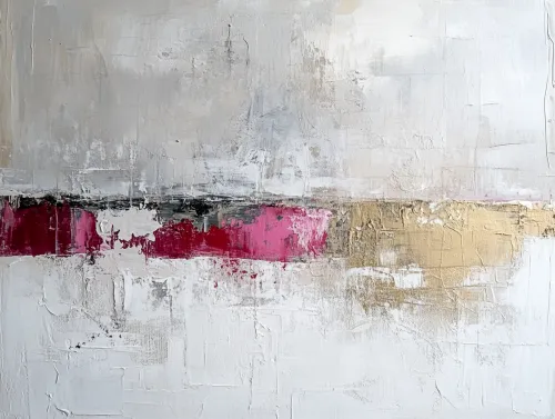 Cuadro abstracto con tonos rojos, dorados y grises sobre un fondo blanco