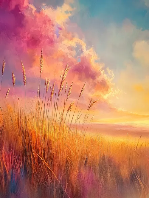 Pintoresco atardecer con nubes multicolores y hierbas en primer plano