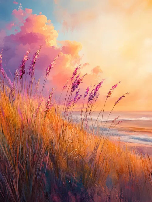 Cielo al atardecer y playa con hierbas doradas y flores