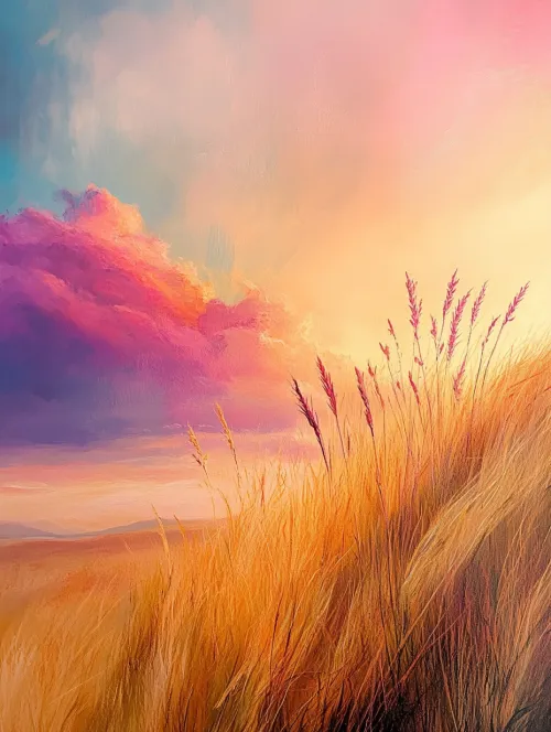 Hermosa pintura con la puesta de sol, nubes y hierbas en la colina