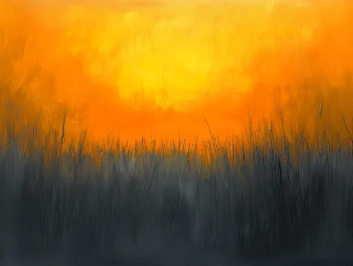 Cuadro abstracto con un atardecer y siluetas oscuras de hierba