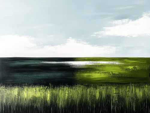 Paisaje abstracto con tonos verdes y negros bajo un cielo azul