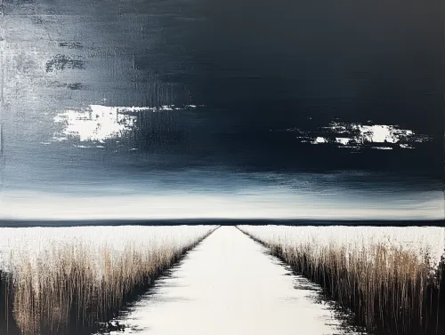 Paisaje conceptual con carretera blanca y cielo oscuro