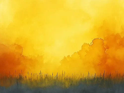 Paisaje con suaves transiciones de colores amarillos y naranjas sobre un fondo de césped