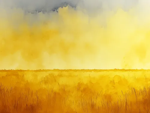 Pintura en acuarela con campos amarillos brillantes y cielo gris