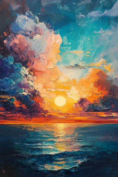 Paisaje con atardecer, nubes y reflejo en el mar