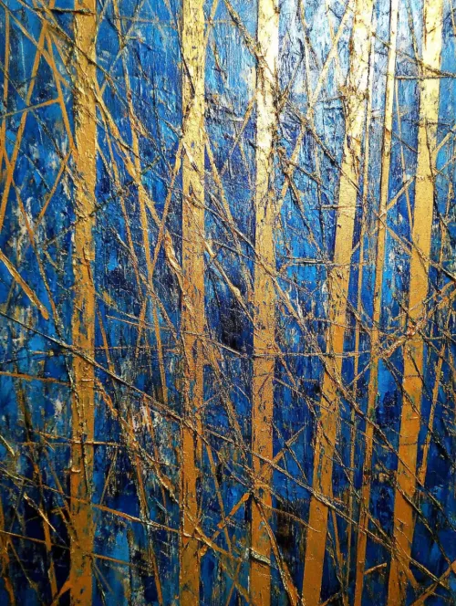 Obra de arte abstracto vibrante con líneas geométricas azules y doradas