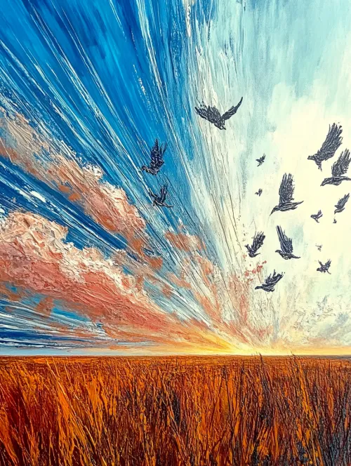 Cuadro con un atardecer, cielo, nubes y aves volando sobre un campo