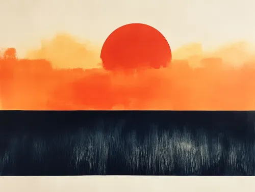 Imagen abstracta de un atardecer con un brillante sol rojo y un cielo oscuro