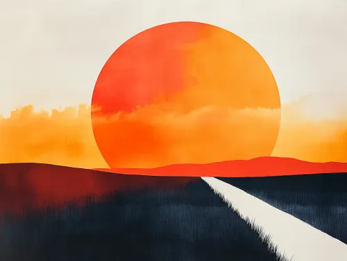 Imagen vibrante de un atardecer con un sol naranja y un horizonte negro