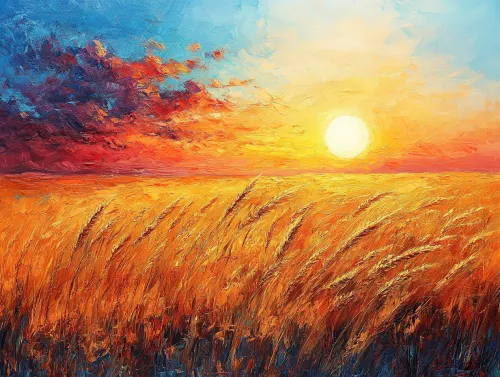 Hermoso atardecer que tiñe el cielo y los campos de trigo