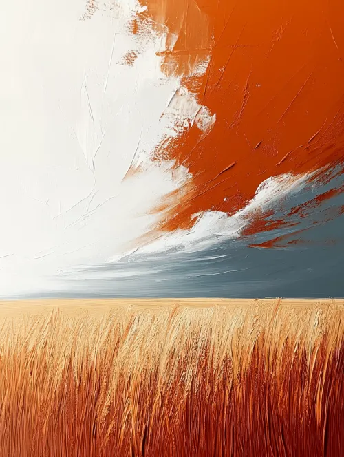 Una representación abstracta de un paisaje con cielos vibrantes de color naranja y texturizados