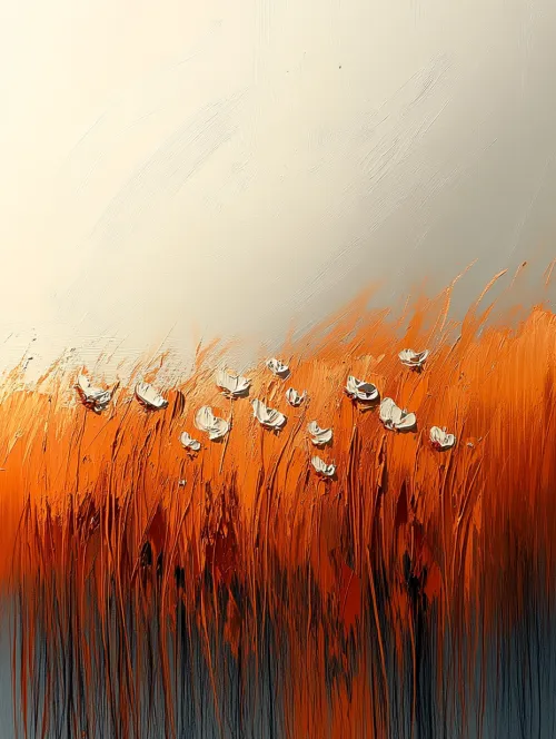 Imagen de flores sobre un campo naranja y negro y un cielo claro