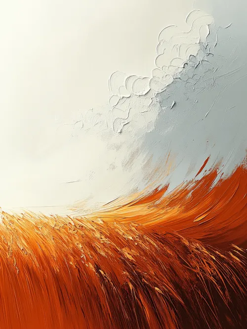 Pintura que representa un campo abstracto con tonos dorados y nubes